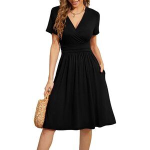 Women's Black Short Sleeve V-Neck Floral Summer Party Dress with Pockets